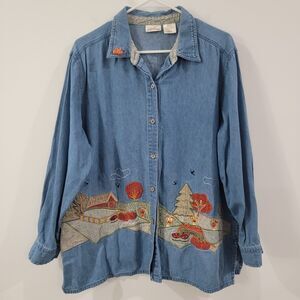 Vintage Bobbie Brooks Womens Button Fall Halloween Shirt Sizeโ 18W Denim Novelty